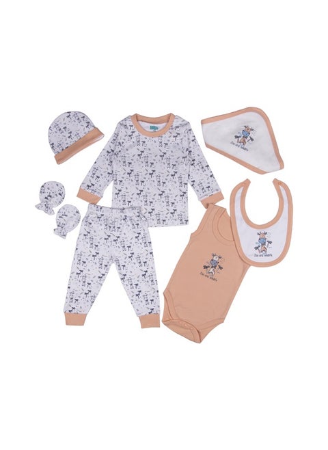 7 Piece Unisex 100% Cotton Gift Set Include Bib, Blanket, Mitten, Cap, Romper, Top And Bottom Set