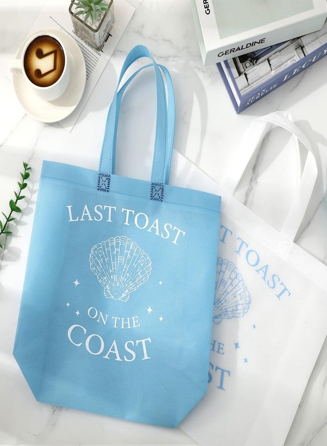 FYSUIMU مجموعة FYSUIMU المكونة من 8 قطع من أكياس "آخر نخب على الساحل" غير المنسوجة ذات المقابض، قابلة لإعادة الاستخدام، باللونين الأزرق والأبيض، بتصميم صدفة، مثالية لحمل الهدايا وتوزيعها في حفلات توديع العزوبية على الشاطئ أو حفلات ما قبل الزفاف. - Image 4