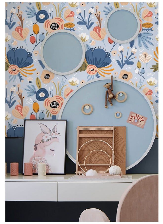 HAOKHOME - HAOKHOME 93209 Cute Floral Peel and Stick Wallpaper Removable Lt.Blue/Pink/Lt.Brown Vinyl Self Adhesive Mural for Nursery 17.7in x 9.8ft - Image 1
