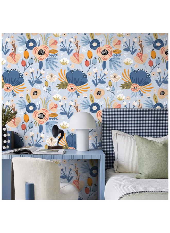 HAOKHOME - HAOKHOME 93209 Cute Floral Peel and Stick Wallpaper Removable Lt.Blue/Pink/Lt.Brown Vinyl Self Adhesive Mural for Nursery 17.7in x 9.8ft - Image 1