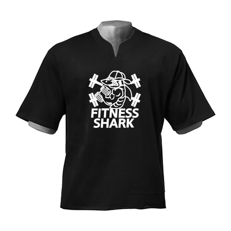Men''s Fitness short sleeve loose half sleeve T-shirt bodybuilding muscle training Clothes Drop shoulder sleeve casual V-neck cotton - Image 1