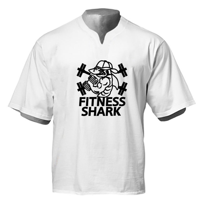 Men''s Fitness short sleeve loose half sleeve T-shirt bodybuilding muscle training Clothes Drop shoulder sleeve casual V-neck cotton - Image 2