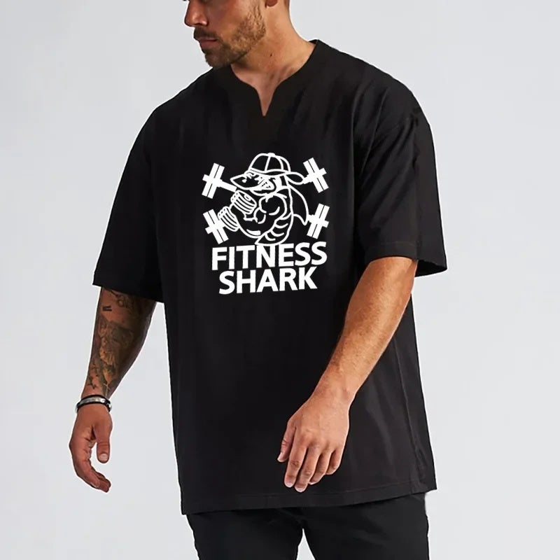 Men''s Fitness short sleeve loose half sleeve T-shirt bodybuilding muscle training Clothes Drop shoulder sleeve casual V-neck cotton - Image 4