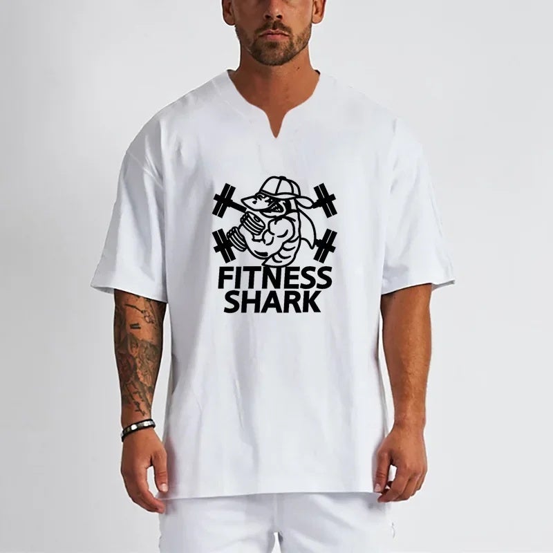 Men''s Fitness short sleeve loose half sleeve T-shirt bodybuilding muscle training Clothes Drop shoulder sleeve casual V-neck cotton - Image 3