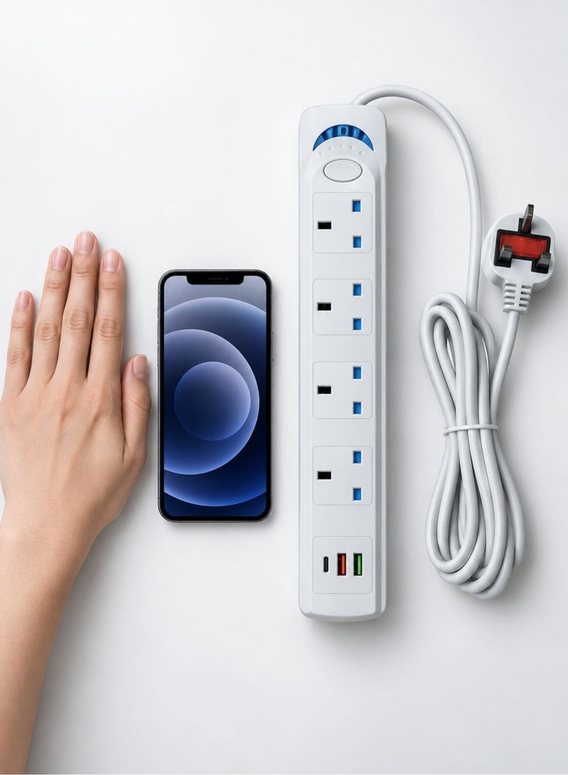 Best Power Strip Extension Cord with 4 AC Sockets, 2 USB-A & 1 USB-C Port, 7-in-1 Multi Plug Extension with On/Off Switch, 3m Long Cable, Home Office Charging Station, White - Image 4