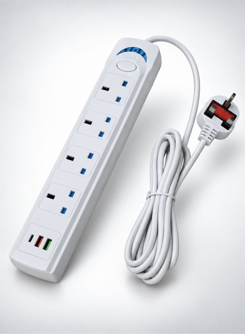 Best Power Strip Extension Cord with 4 AC Sockets, 2 USB-A & 1 USB-C Port, 7-in-1 Multi Plug Extension with On/Off Switch, 3m Long Cable, Home Office Charging Station, White - Image 1