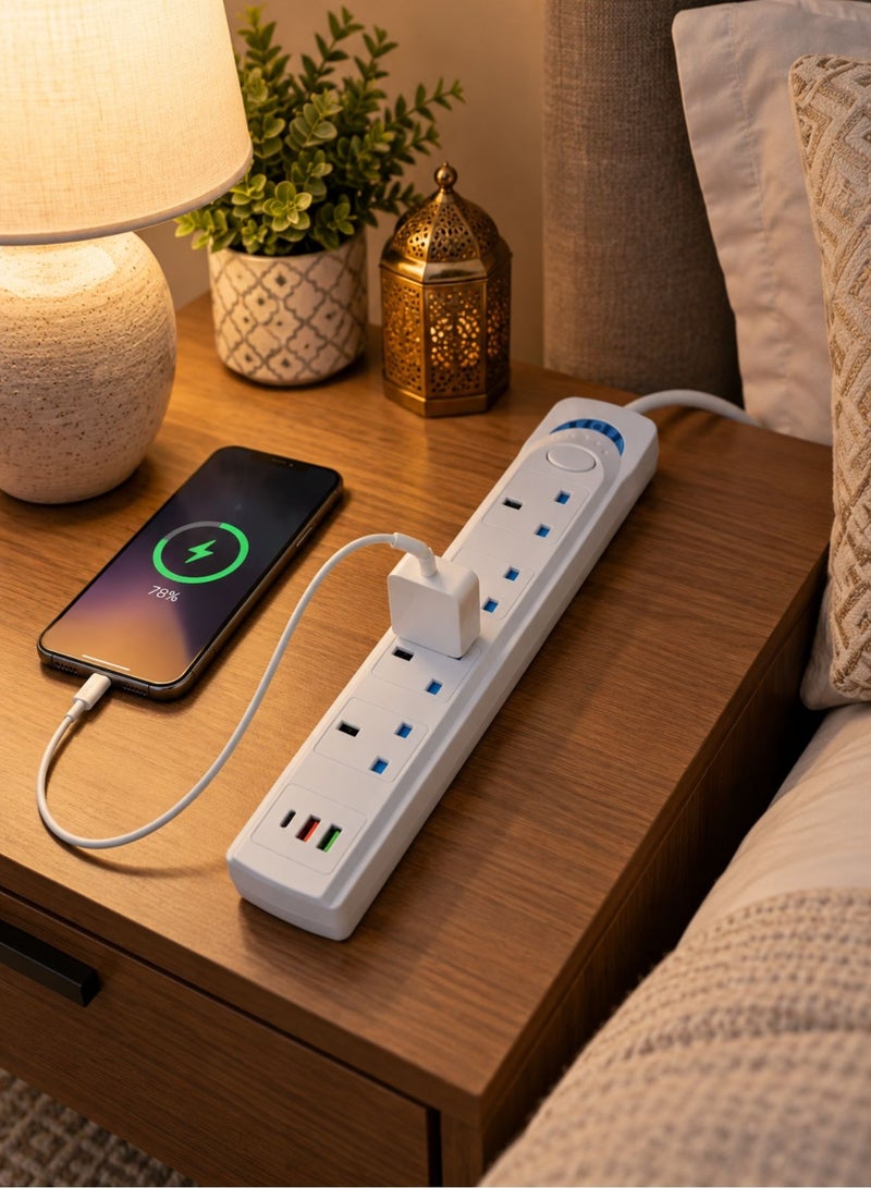 Best Power Strip Extension Cord with 4 AC Sockets, 2 USB-A & 1 USB-C Port, 7-in-1 Multi Plug Extension with On/Off Switch, 3m Long Cable, Home Office Charging Station, White - Image 3