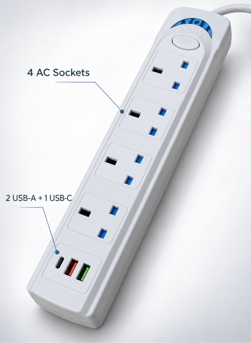 Best Power Strip Extension Cord with 4 AC Sockets, 2 USB-A & 1 USB-C Port, 7-in-1 Multi Plug Extension with On/Off Switch, 3m Long Cable, Home Office Charging Station, White - Image 5