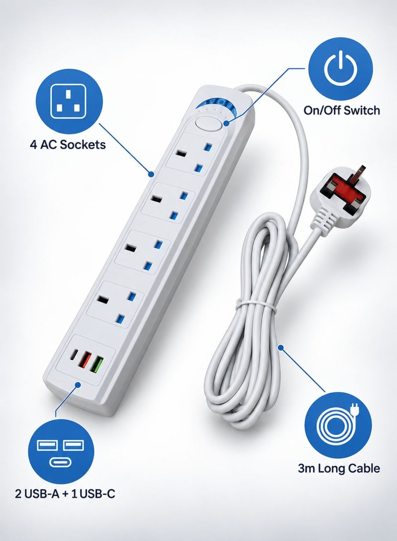 Best Power Strip Extension Cord with 4 AC Sockets, 2 USB-A & 1 USB-C Port, 7-in-1 Multi Plug Extension with On/Off Switch, 3m Long Cable, Home Office Charging Station, White - Image 2