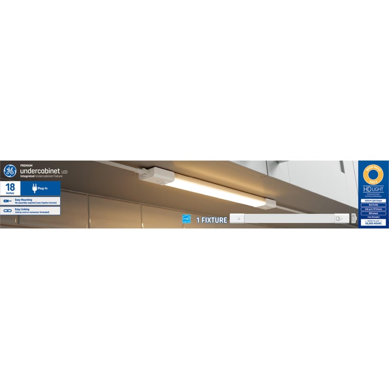 مصباح LED HD تحت الخزائن من GE قابل للتوصيل تصميم مدمج نحيف للمطابخ لون أبيض دافئ 18 بوصة عبوة واحدة