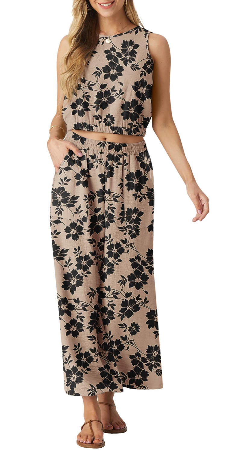 GRECERELLE Two Piece Sets for Women Sleeveless Crop Top Wide Leg Pants Sweat Set for Women 2026 Summer Khaki Black Flower-M - Image 2