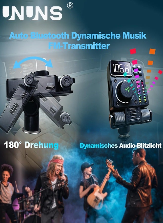 Bluetooth Car FM Transmitter, UNUNS Bluetooth Car Adapter V5.3, PD 30W Type C Fast Charge USB Port, HiFi Treble Bass Player with Color Music Light Bar, for Hands Free Siri Google Assistant