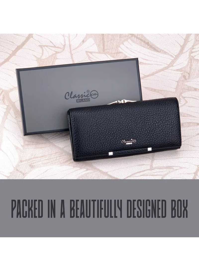 Classic Milano Black (JFL-4-87201-103) Classic Milano Premium Faux Leather Long Wallet for Women with Magnetic Closure | Ladies Wallet Card Holder Purse | Slim Women's Wallet for Daily Use, Travel, and Gifting for Women | Best Price UAE