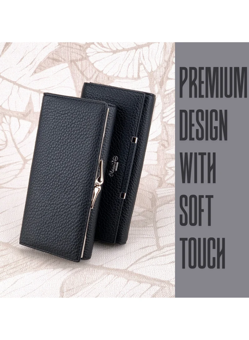 Classic Milano Black (JFL-4-87201-103) Classic Milano Premium Faux Leather Long Wallet for Women with Magnetic Closure | Ladies Wallet Card Holder Purse | Slim Women's Wallet for Daily Use, Travel, and Gifting for Women | Best Price UAE