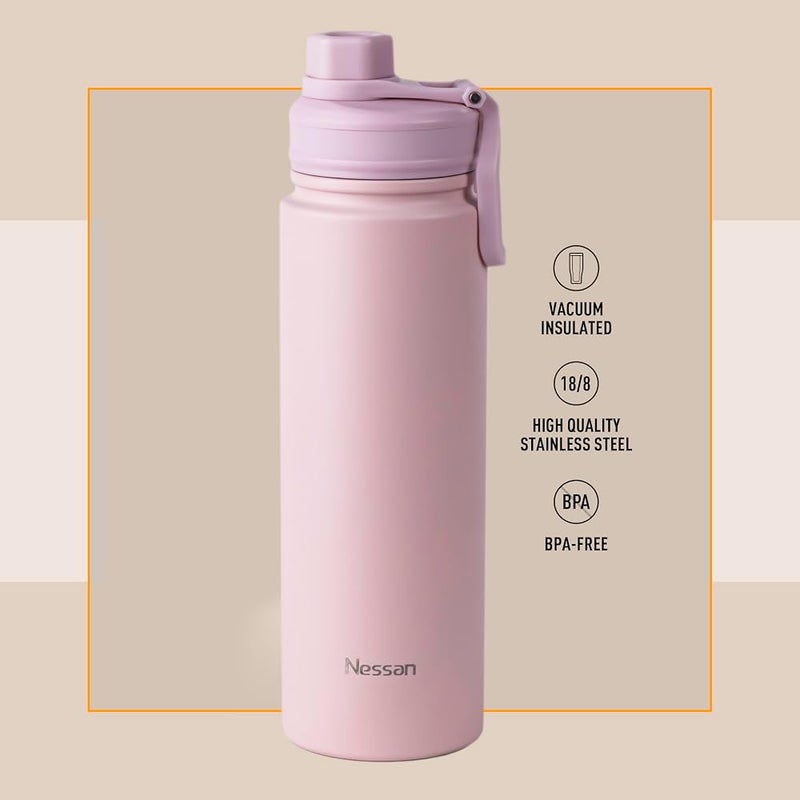 نيسان 1 Nessan 720ml قارورة سفر – قارورة فراغ من الفولاذ المقاوم للصدأ معزولة بجدار مزدوج للمشروبات الساخنة والباردة - وردي - Image 1
