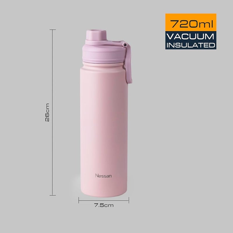 نيسان 1 Nessan 720ml قارورة سفر – قارورة فراغ من الفولاذ المقاوم للصدأ معزولة بجدار مزدوج للمشروبات الساخنة والباردة - وردي - Image 2