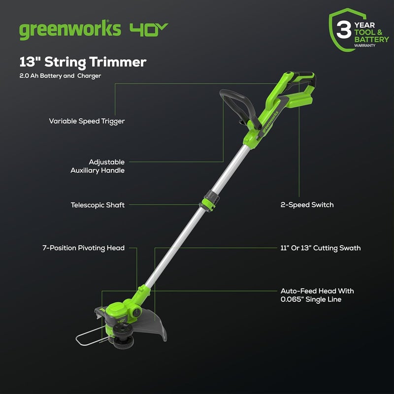 Greenworks 40V Cordless 2-in-1 Trimmer Edger (Gen 2) - 13" Lawn Weed Wacker for Fence & Sidewalk , Lightweight Gas Trimmer Alternative with Auto Feed Spool , 2.0Ah Battery & Charger (40-Min Runtime) - Image 3