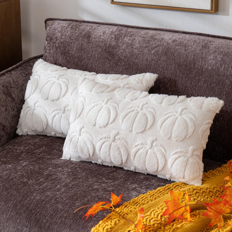 COSIBONO Pumpkin Fall Decorative Throw Pillow Covers 12""x20""  Set of 2 Cream White Soft Faux Fur Pillow Covers for Autumn Harvest  Fluffy Plush Accent Pillow Cases for Farmhouse Couch Cushion Covers - Image 1