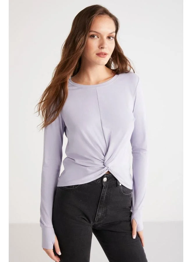Ethiquet Genesıs Women's Slim Fit Narrow Cut Front Grooved Drape Detailed Round Neck Crop Lilac Blouse.