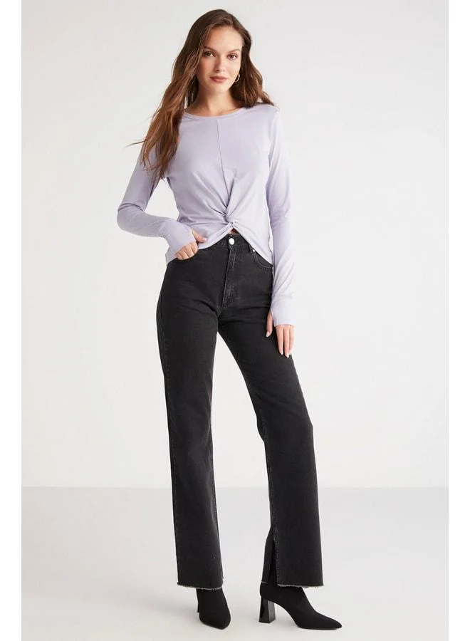 Ethiquet Genesıs Women's Slim Fit Narrow Cut Front Grooved Drape Detailed Round Neck Crop Lilac Blouse.