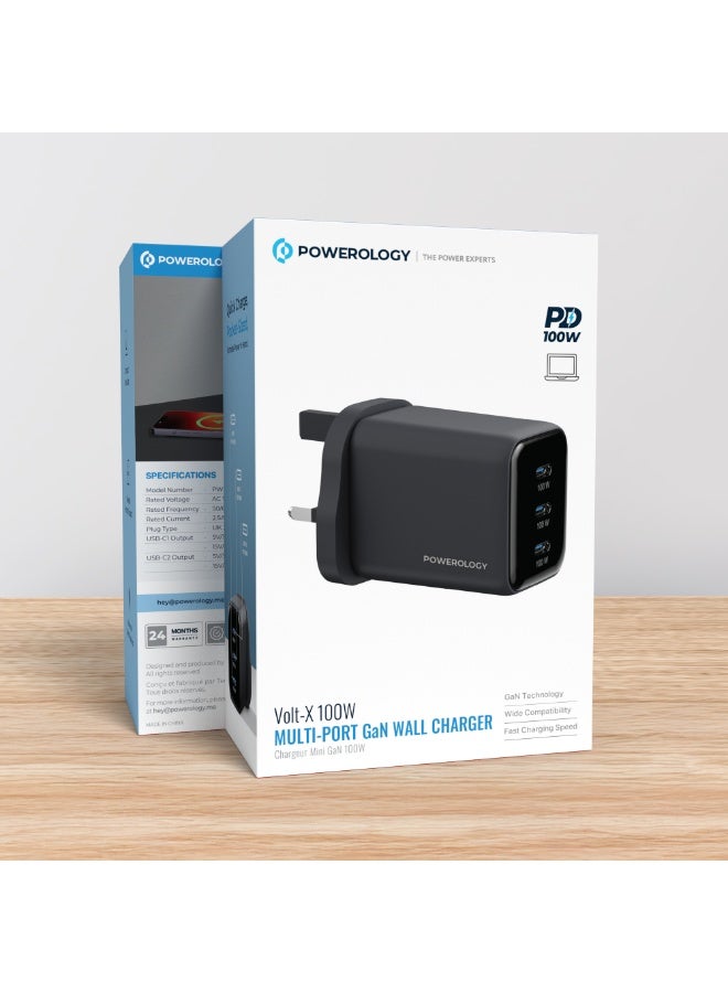 Powerology Volt-X 100W Multi-Port GaN Wall Charger, Mobile & Laptop Charger, UK Plug, GaN Technology, 3x USB-C PD 45W Output, Compact Travel Size, Advanced Safety Feature, More Efficient & Practical than Others by GaN Technology / Universal Protocol Support - Black - Image 2