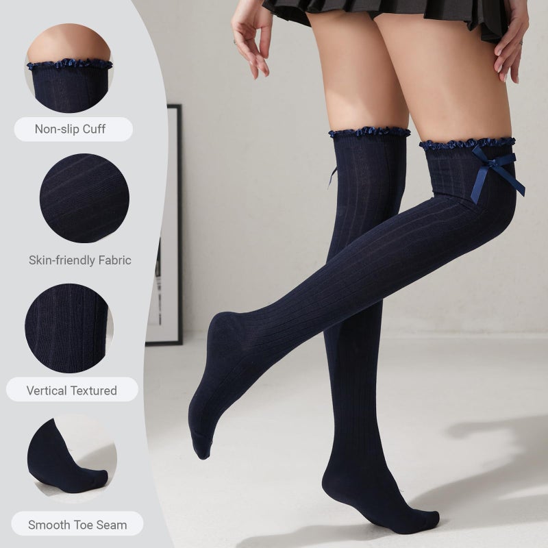 TOCONFFON Women's Girls Thigh High Stockings Over the Knee Socks with Satin Bows(Navy,One Size) - Image 4