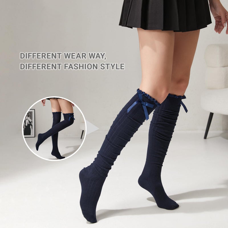 TOCONFFON Women's Girls Thigh High Stockings Over the Knee Socks with Satin Bows(Navy,One Size) - Image 5