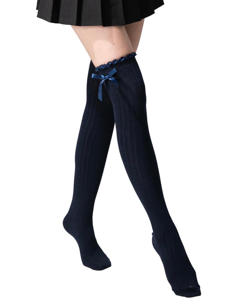 TOCONFFON Women's Girls Thigh High Stockings Over the Knee Socks with Satin Bows(Navy,One Size) - Image 1
