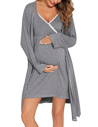 SWOMOG Womens Maternity Robe 2PCS Nursing Nightgown for Breastfeeding 3 in 1 Labor Delivery Nursing Robe Set Lace Bathrobe Grey - Image 1