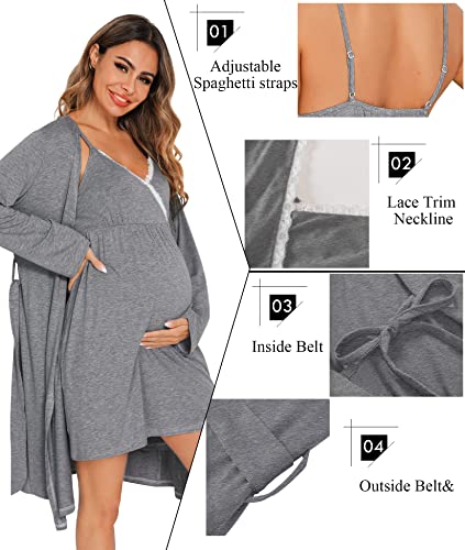 SWOMOG Womens Maternity Robe 2PCS Nursing Nightgown for Breastfeeding 3 in 1 Labor Delivery Nursing Robe Set Lace Bathrobe Grey - Image 3