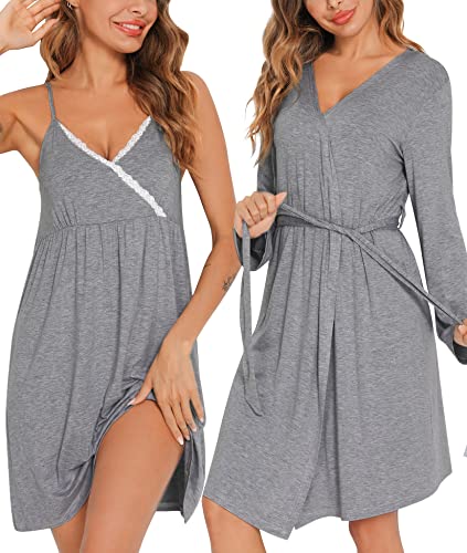 SWOMOG Womens Maternity Robe 2PCS Nursing Nightgown for Breastfeeding 3 in 1 Labor Delivery Nursing Robe Set Lace Bathrobe Grey - Image 4
