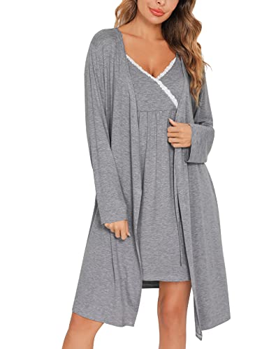 SWOMOG Womens Maternity Robe 2PCS Nursing Nightgown for Breastfeeding 3 in 1 Labor Delivery Nursing Robe Set Lace Bathrobe Grey - Image 2