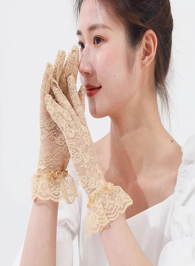 owiter Lace Gloves Women Tea Party Elegant Short Vintage Summer Glove for Dressy Women Wedding Party (beige, short) - Image 3