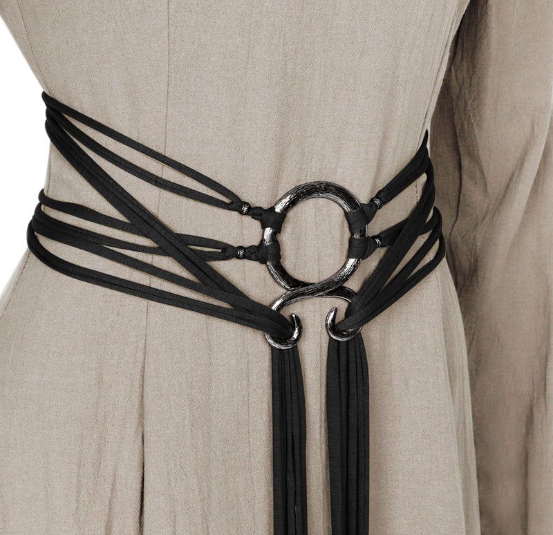 L'VOW Women Viking Long Rope Belt for Renaissance Dress Norse Witch Troll Cross Belt Medieval Shaman LARP Pagan Pirate Accessory(Black) - Image 1