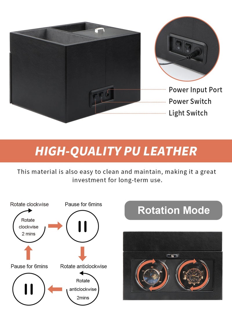 هومار كيت ملفاف ساعة أوتوماتيكي مزدوج - صندوق لفاف الساعة مع صينية تنظيم المجوهرات للرجال، محرك ياباني هادئ، ضوء LED، وسائد ساعة قابلة للتعديل، محول تيار متردد - أسود - Image 5