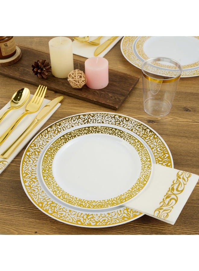 FOCUSLINE Gold Plastic Plates Set of 102, Disposable Plates with Gold Lace 51 Dinner Plates 10.25" and 51 Salad Dessert Appetizer Plates 7.5", Elegant Fancy Heavy Duty Wedding Party Plates - Image 3