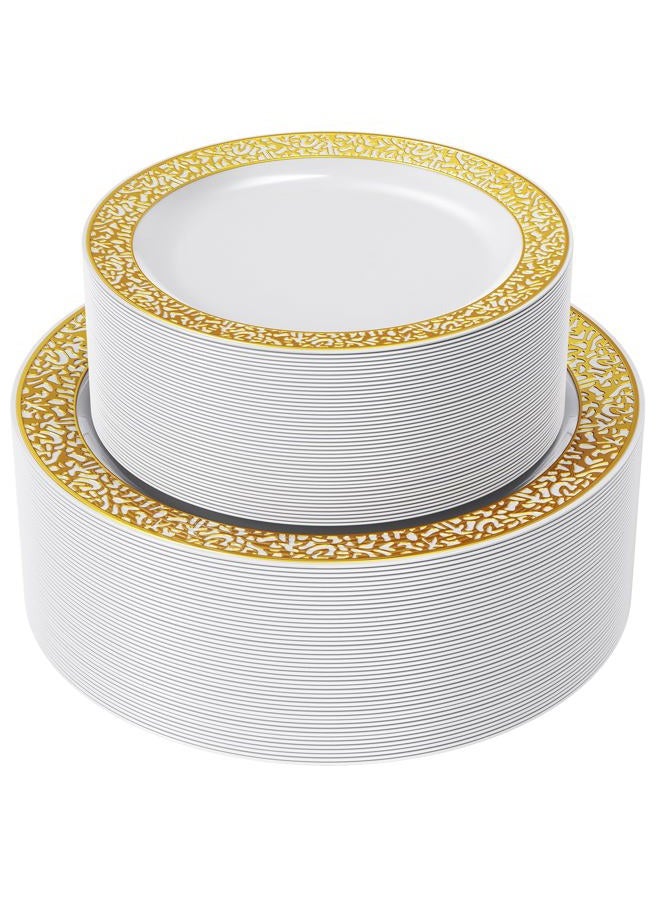 FOCUSLINE Gold Plastic Plates Set of 102, Disposable Plates with Gold Lace 51 Dinner Plates 10.25" and 51 Salad Dessert Appetizer Plates 7.5", Elegant Fancy Heavy Duty Wedding Party Plates - Image 1
