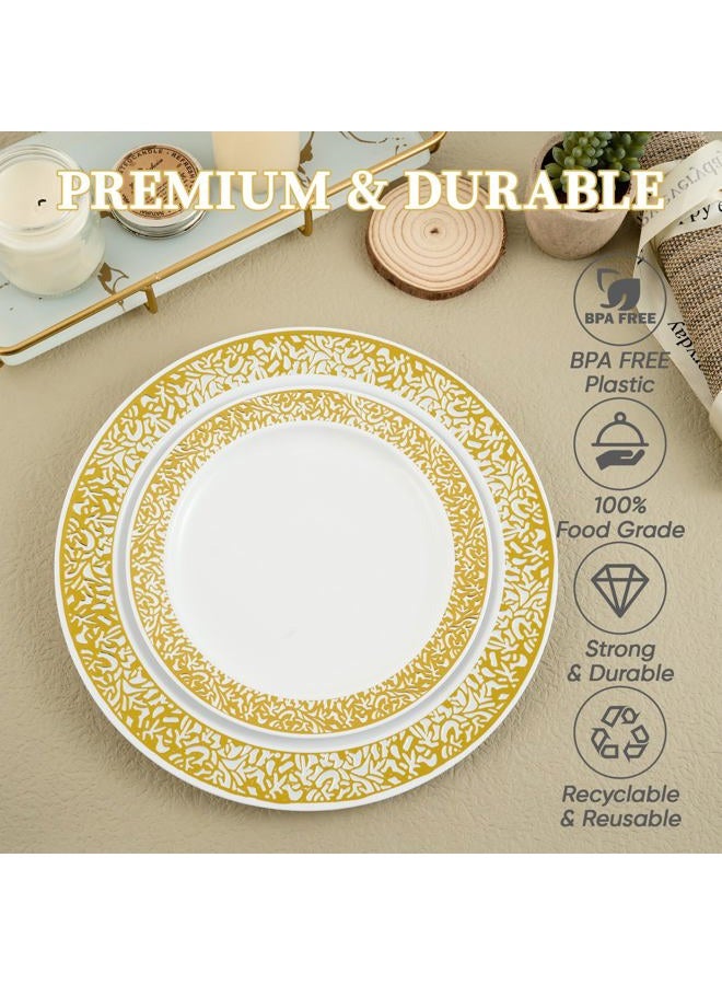 FOCUSLINE Gold Plastic Plates Set of 102, Disposable Plates with Gold Lace 51 Dinner Plates 10.25" and 51 Salad Dessert Appetizer Plates 7.5", Elegant Fancy Heavy Duty Wedding Party Plates - Image 4