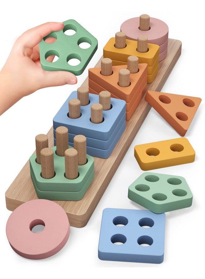 PEBIRA Montessori Toys For 1 2 Year Old, Wooden Sorting And Stacking Toys For Toddlers, Baby Shape Sorter And Color Stacker Blocks For Toddler, Preschool Learning Toy, Gift For 12-18 Month Boys Girls - Image 1