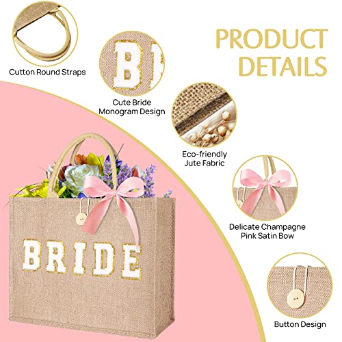 JUSTOTRY Bride Bag - Bride to Be Gifts Natural Jute Large Tote Bag with Webbed Handles Utility Personalized Canvas Bag for bachelorette party Bridal Shower Wedding Gift - Image 3