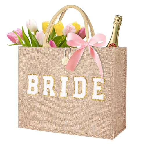 JUSTOTRY Bride Bag - Bride to Be Gifts Natural Jute Large Tote Bag with Webbed Handles Utility Personalized Canvas Bag for bachelorette party Bridal Shower Wedding Gift - Image 1