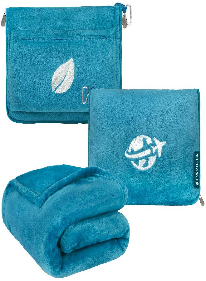 PAVILIA PAVILIA Travel Blanket and Pillow Set, Airplane Blanket Compact 2-in-1 Soft Bag, Travel Essentials for Adult Flight, Portable Throw with Arm Hole, Plane Car Traveling Gift Accessories, Teal Blue - Image 1