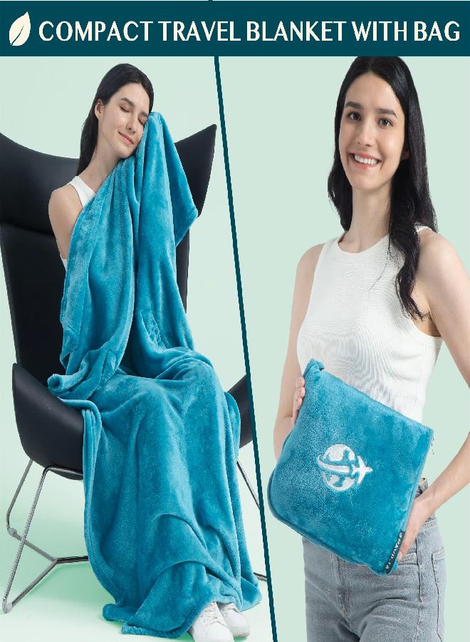 PAVILIA PAVILIA Travel Blanket and Pillow Set, Airplane Blanket Compact 2-in-1 Soft Bag, Travel Essentials for Adult Flight, Portable Throw with Arm Hole, Plane Car Traveling Gift Accessories, Teal Blue - Image 2