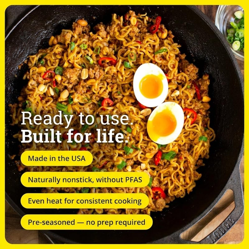 Lodge 14 Inch Cast Iron Wok with Dual Loop Handles â€“ PFAS FREE Pre-Seasoned Family Size Stir Fry Pan â€“ Stovetop & Oven Safe Heavy Duty High-Heat Retention Wok â€“ Made in USA - Image 2