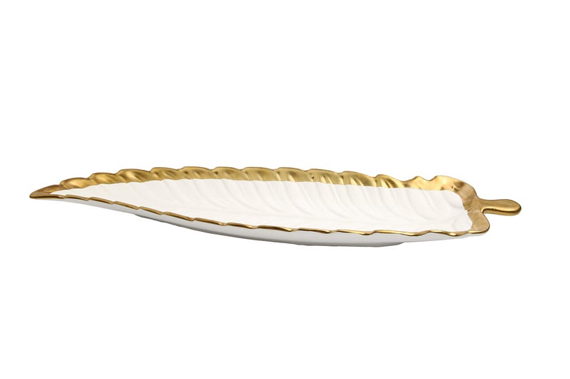 Classic Touch Decorium Porcelain Leaf Shaped Platter Dish with Gold Edge (WHITE) - Image 3