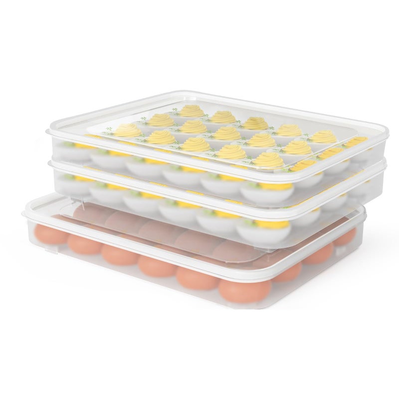 77L Deviled Egg Containers with Lid Set of 3 Plastic Egg Holder for Refrigerator for 72 Eggs Clear Storage Deviled Egg Carrier Tray Fridge Stackable Countertop Portable Egg Platter