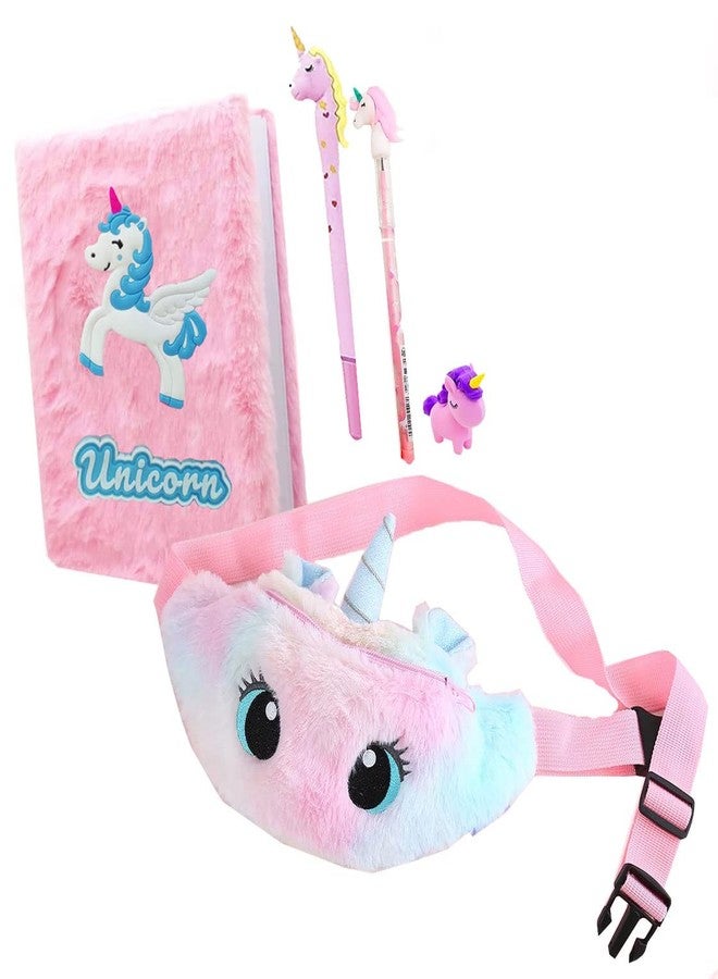 Neel® 5 Pieces Unciorn Stationery Set Unicorn Big Size Fur Diary, Furry Notebook for Girls, Unciorn Cute Fur Waist Bag with Belt and Zip, Unciorn Pen, Pencil and Eraser for Girls Return Gift Set Girls - Image 1
