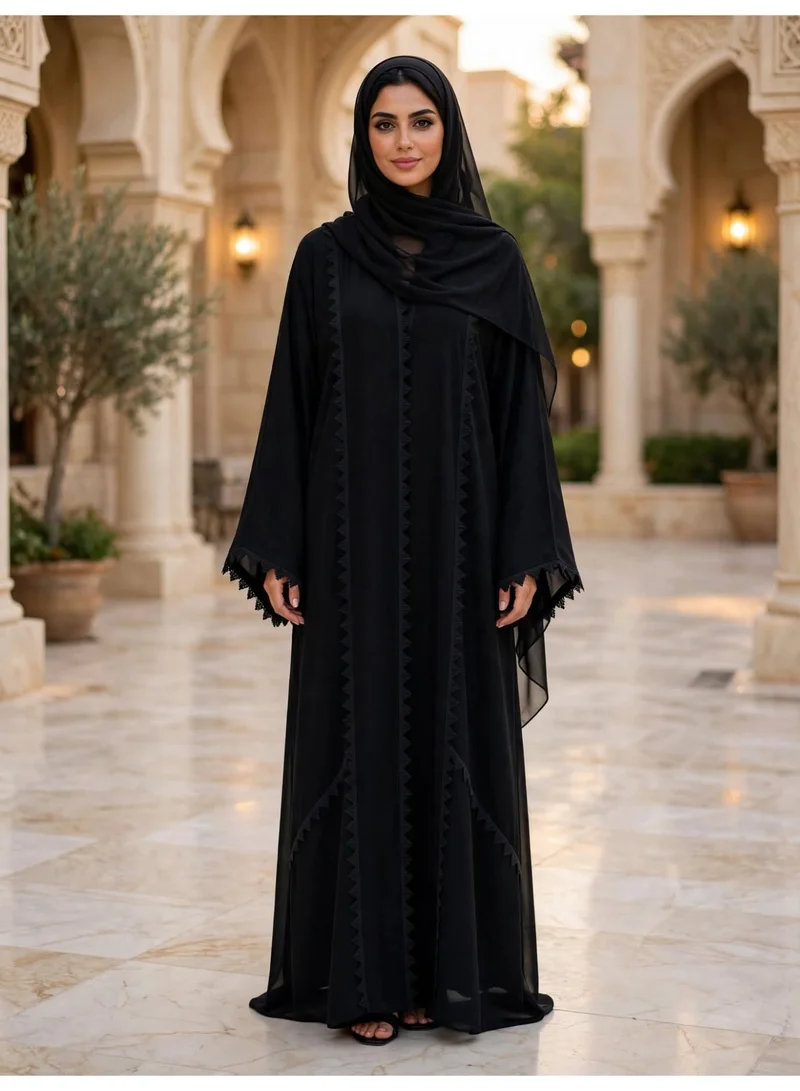 Modest Full-Length Abaya with Geometric Trim Details