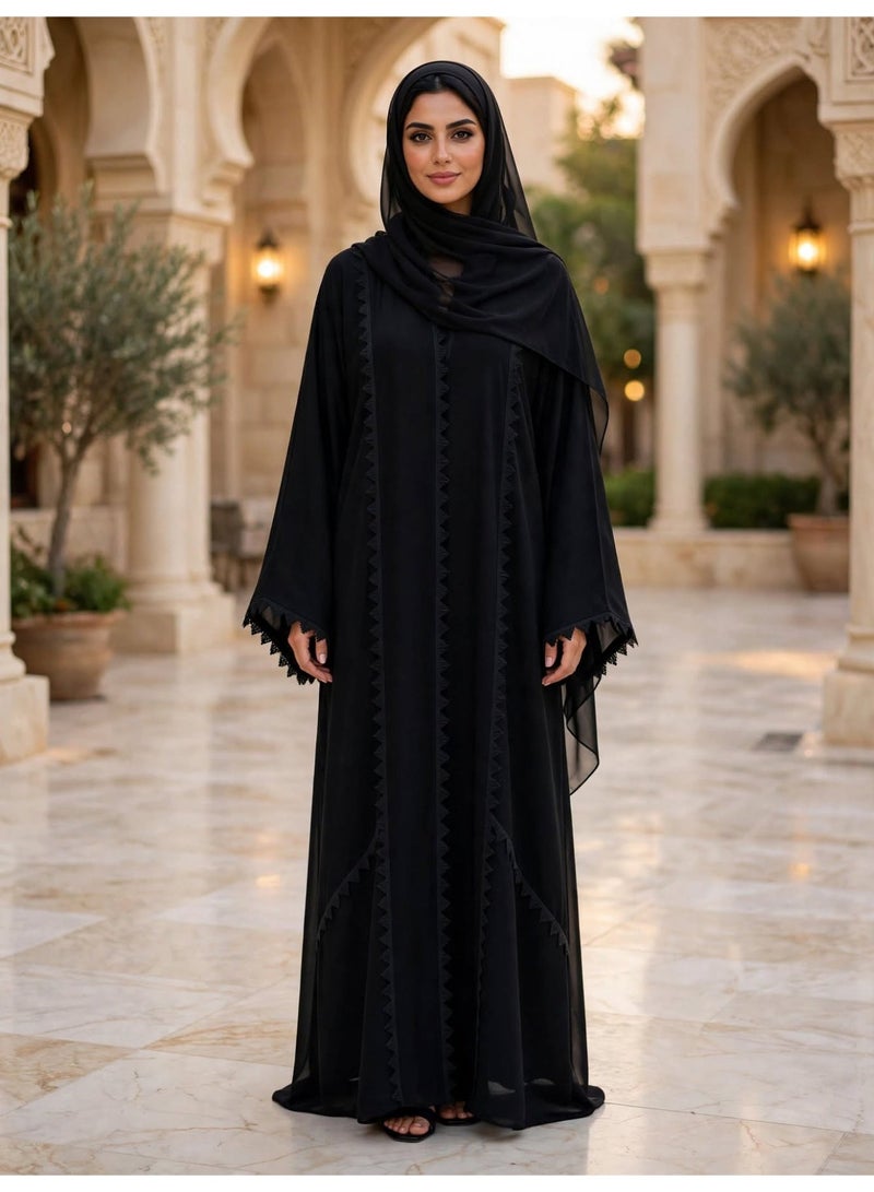 IKKXA Modest Full-Length Abaya with Geometric Trim Details - Image 1