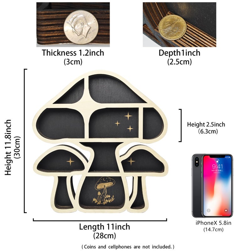 FNYDOX Wooden Mushroom Floating Shelves, Crystal Display Shelf for Wall, Cute Mushroom Wall Decor, Rock Gem Stone Storage Organizer, Essential Oil Holder Hanging Case, Meditation Art Spiritual Gift - Image 3